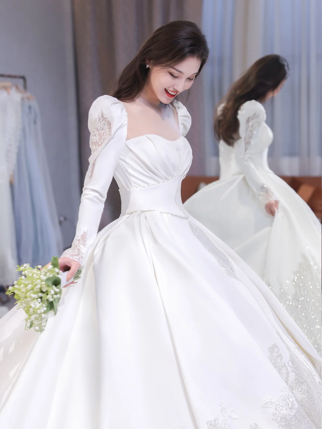 Elegant Ball Gown Square SatinLong Sleeves Long Wedding Dresses