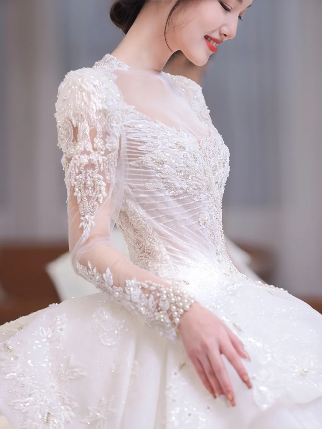 Timeless Ball Gown Satin Tulle Applique Beaded Long Sleeves Long Wedding Dresses