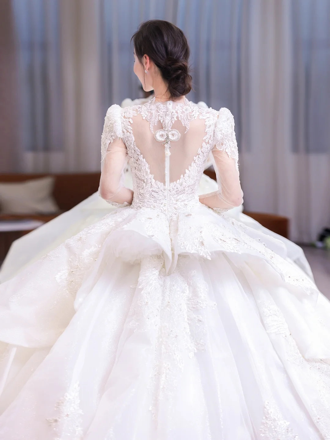 Timeless Ball Gown Satin Tulle Applique Beaded Long Sleeves Long Wedding Dresses