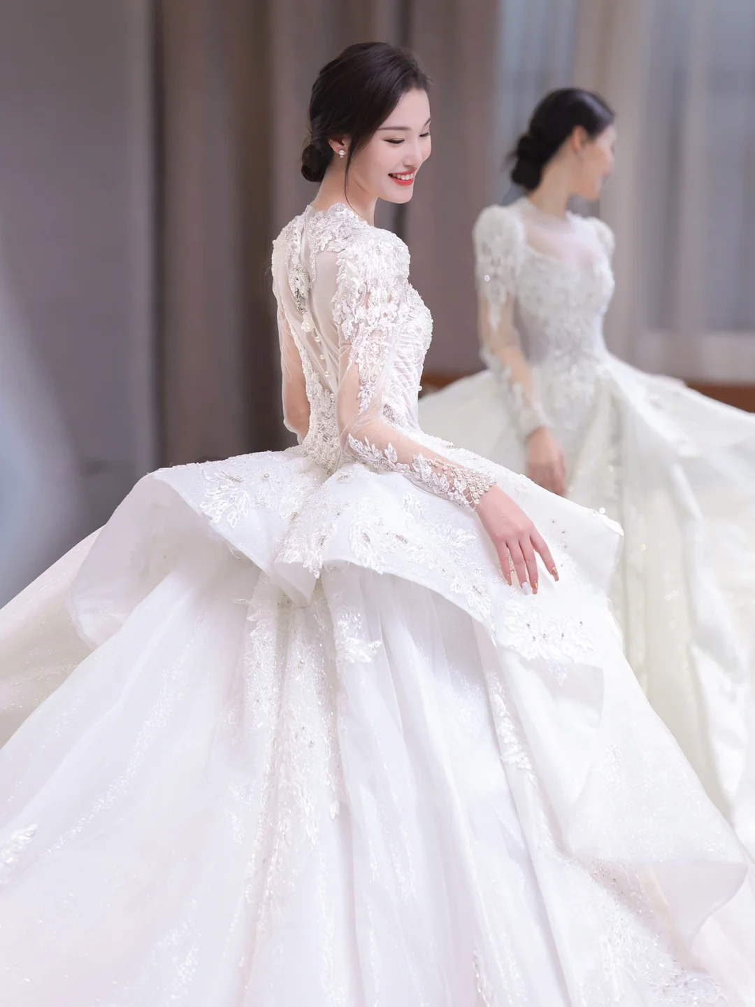 Timeless Ball Gown Satin Tulle Applique Beaded Long Sleeves Long Wedding Dresses