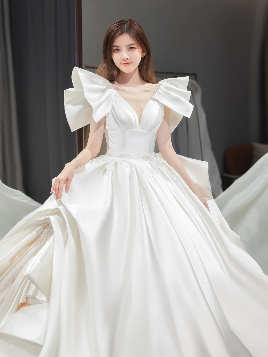 Elegant Ball Gown Off The Shoulder Satin Long Wedding Dresses