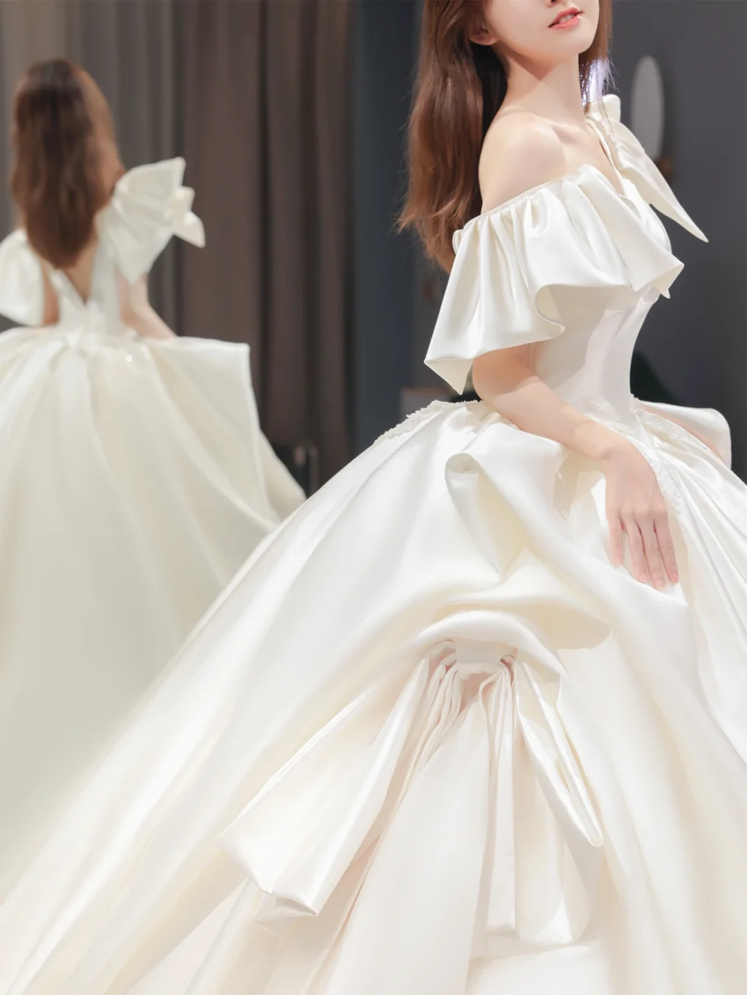 Elegant Ball Gown Off The Shoulder Satin Long Wedding Dresses