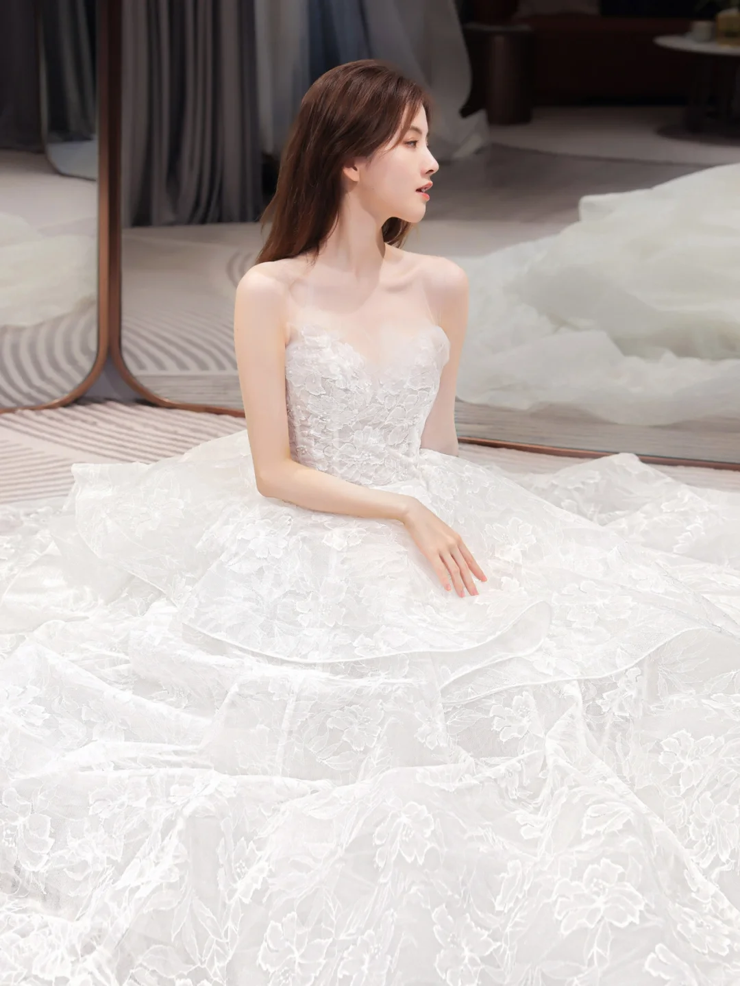 Dreamy Ball Gown Strapless Lace Long Wedding Dresses