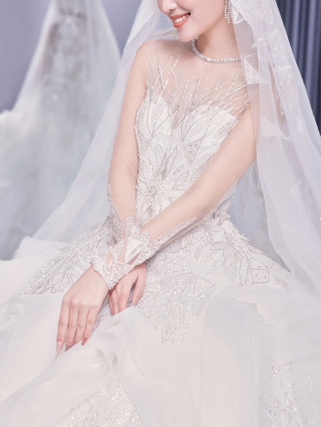 Timeless Ball Gown Tulle Lace Long Sleeves With Veil Long Wedding Dresses