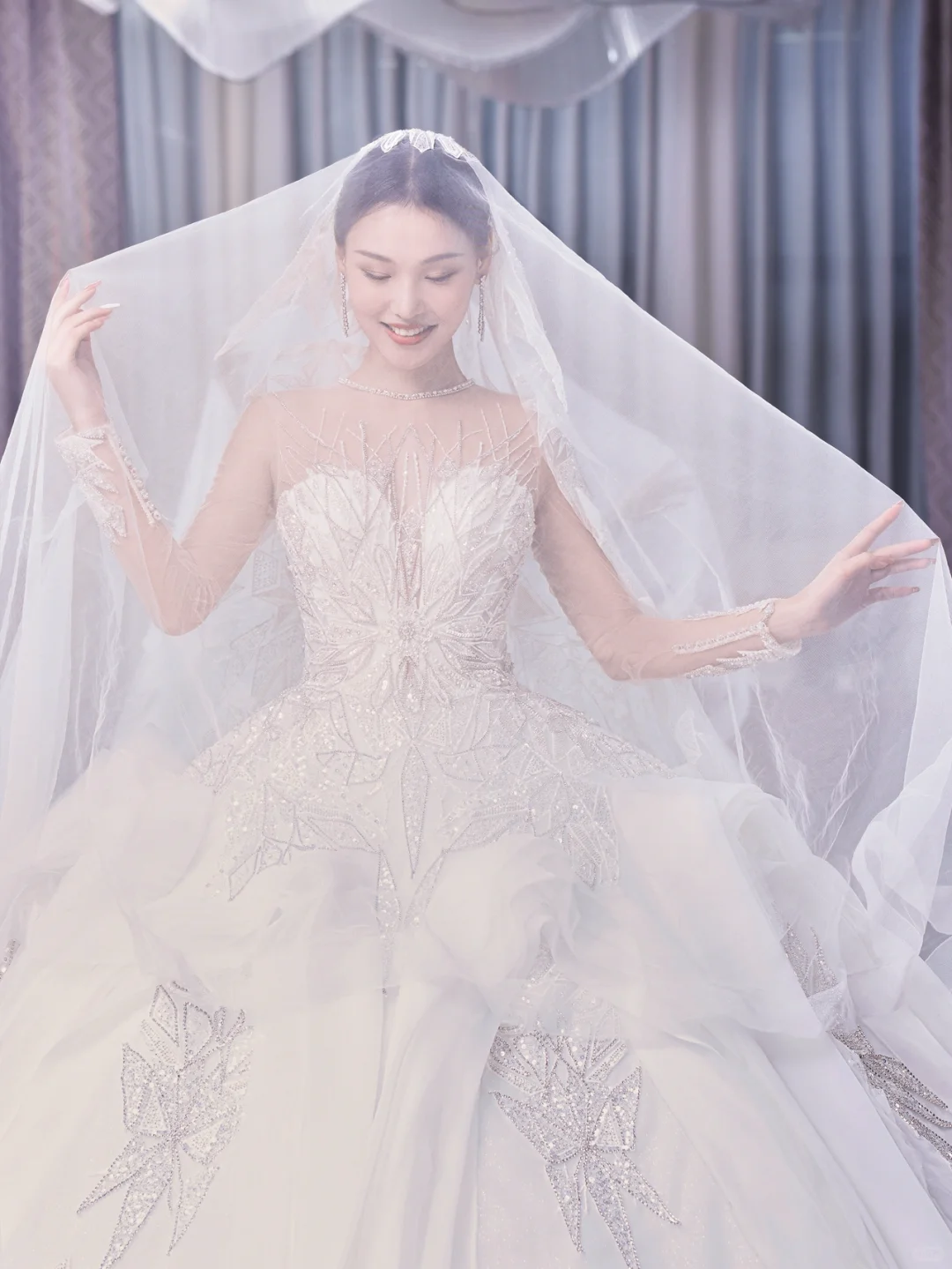 Timeless Ball Gown Tulle Lace Long Sleeves With Veil Long Wedding Dresses