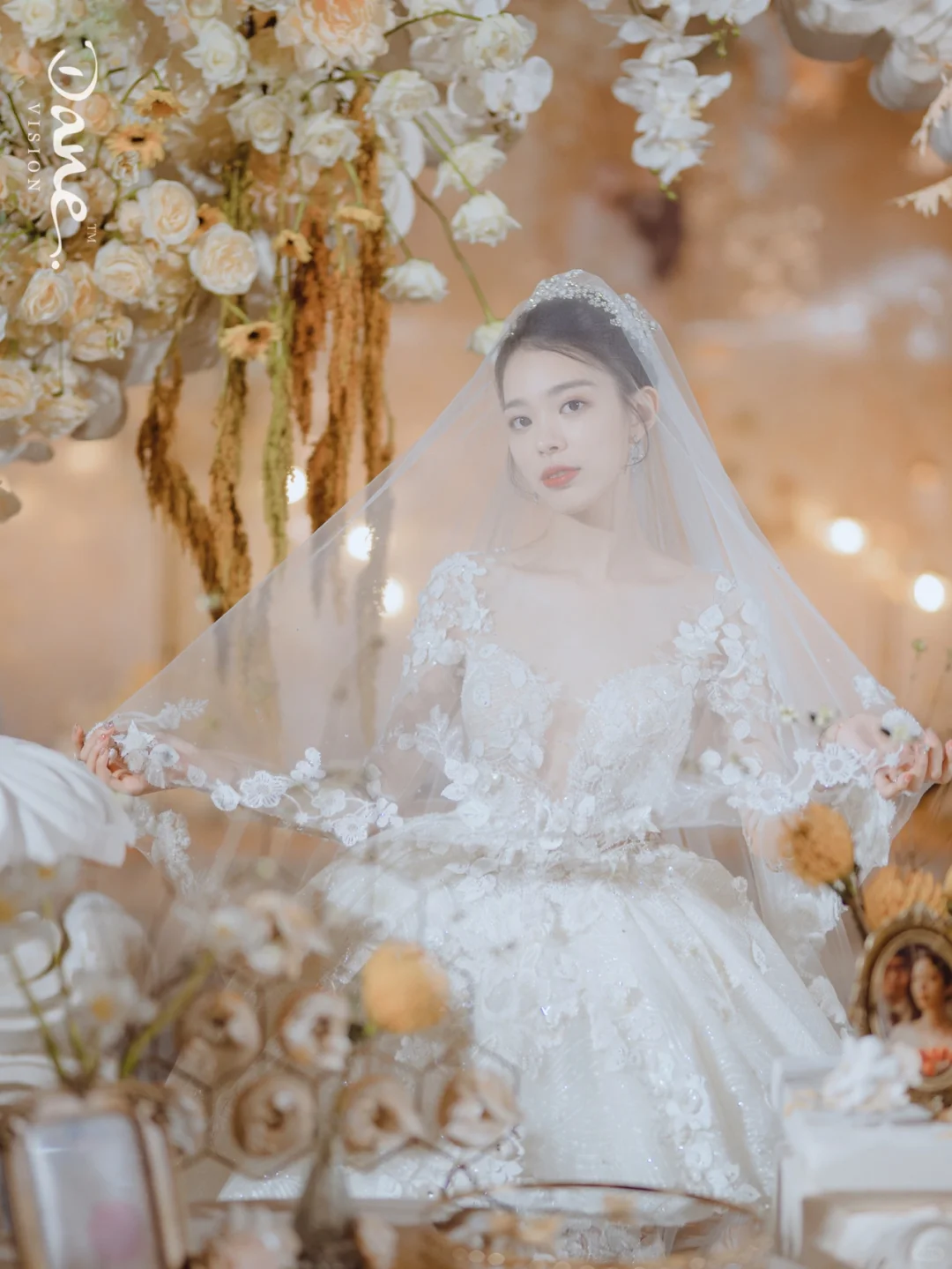 Pretty Ball Gown Tulle Applique Long Sleeves With Veil Long Wedding Dresses