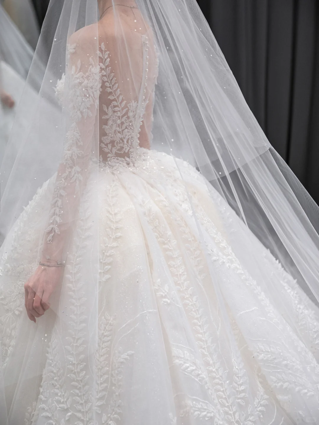 Dreamy Ball Gown Tulle Applique Long Sleeves With Veil Long Wedding Dresses