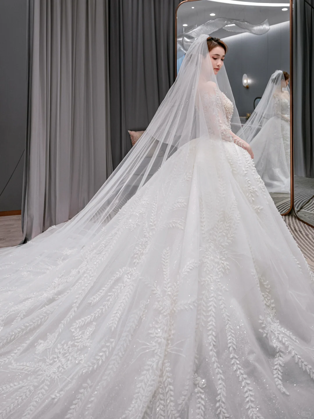 Dreamy Ball Gown Tulle Applique Long Sleeves With Veil Long Wedding Dresses
