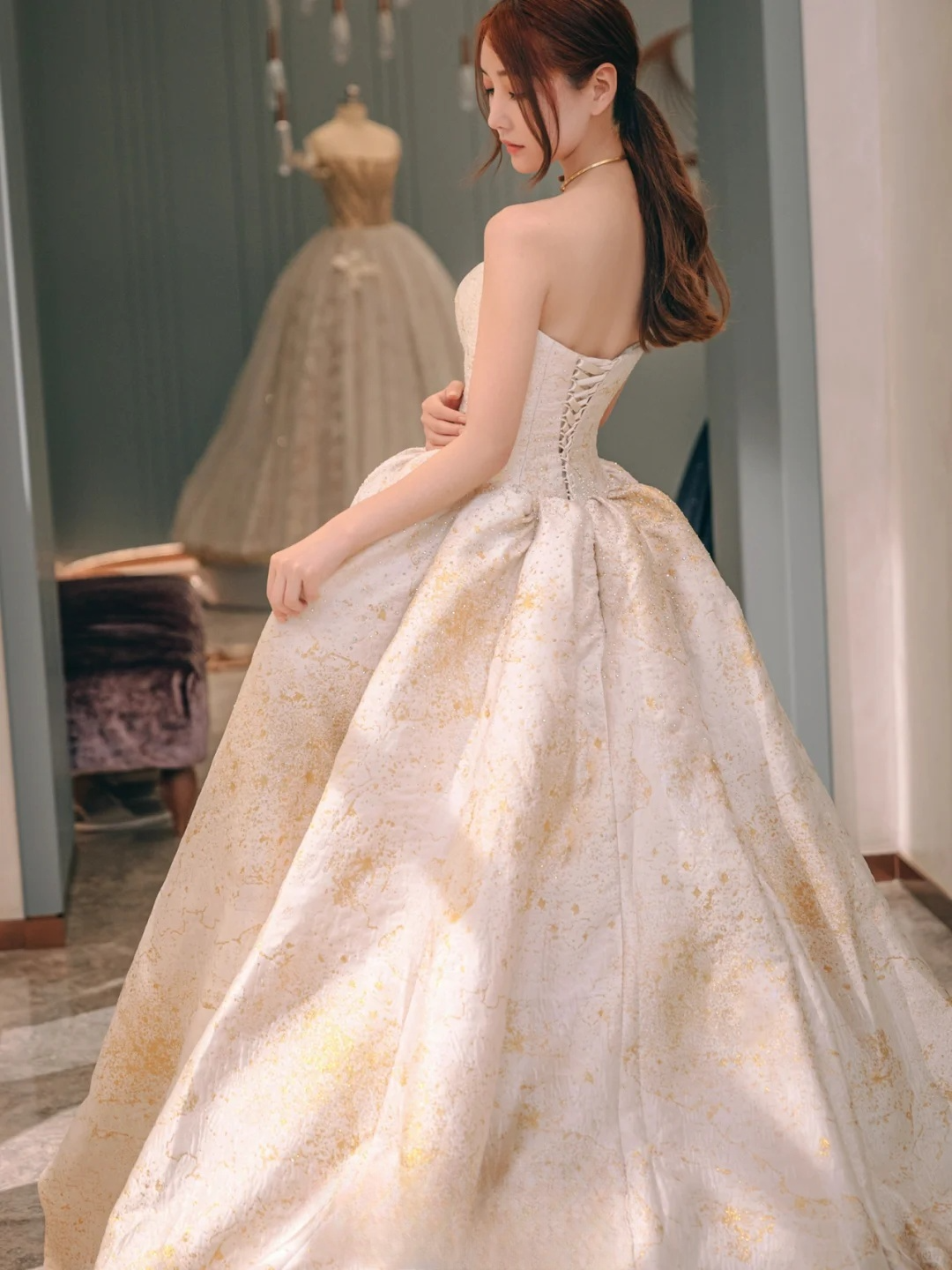 Dreamy Ball Gown Strapless Satin Beaded Long Wedding Dresses