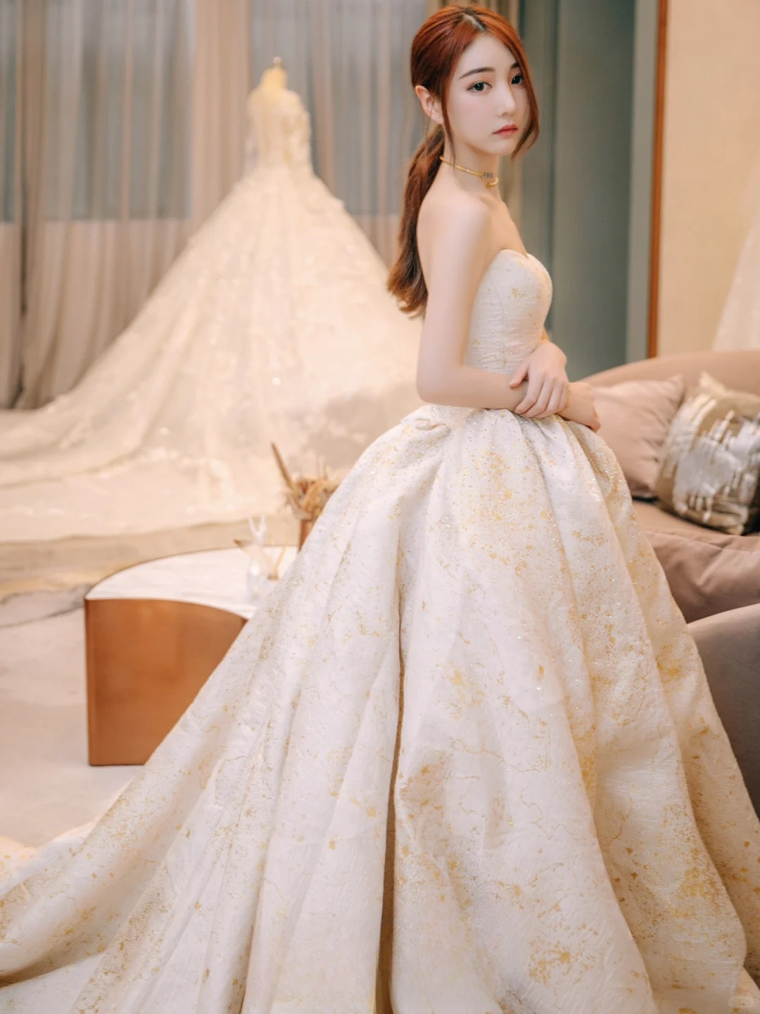 Dreamy Ball Gown Strapless Satin Beaded Long Wedding Dresses