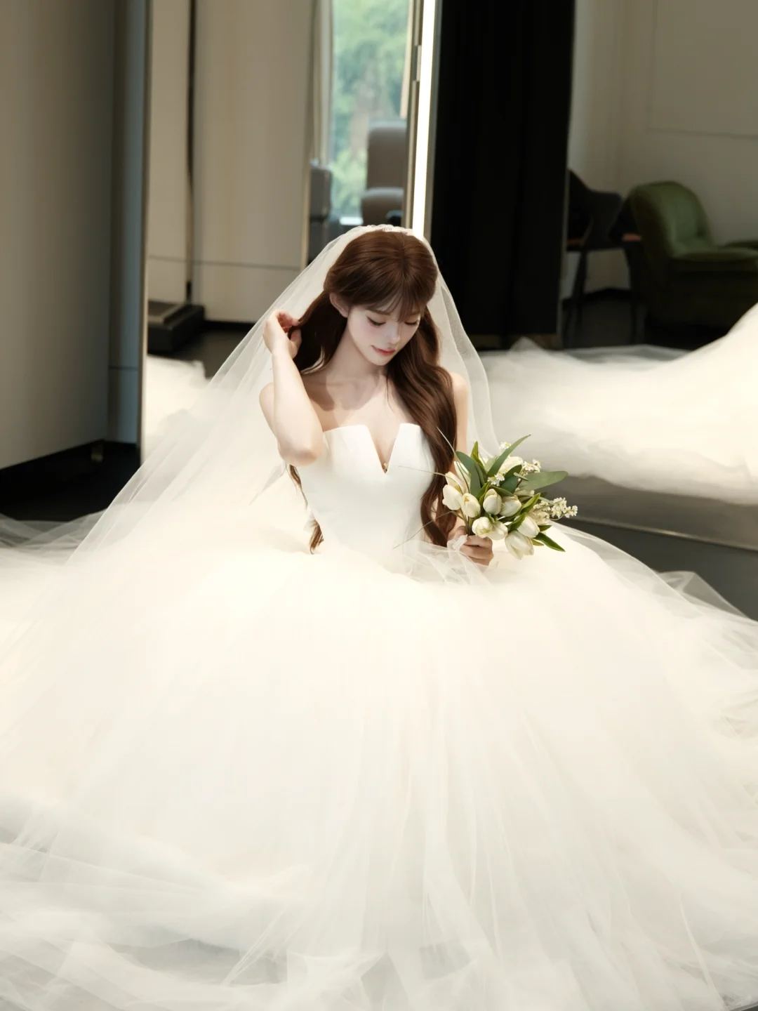 Princessful Ball Gown Strapless Satin Tulle With Veil Long Wedding Dresses