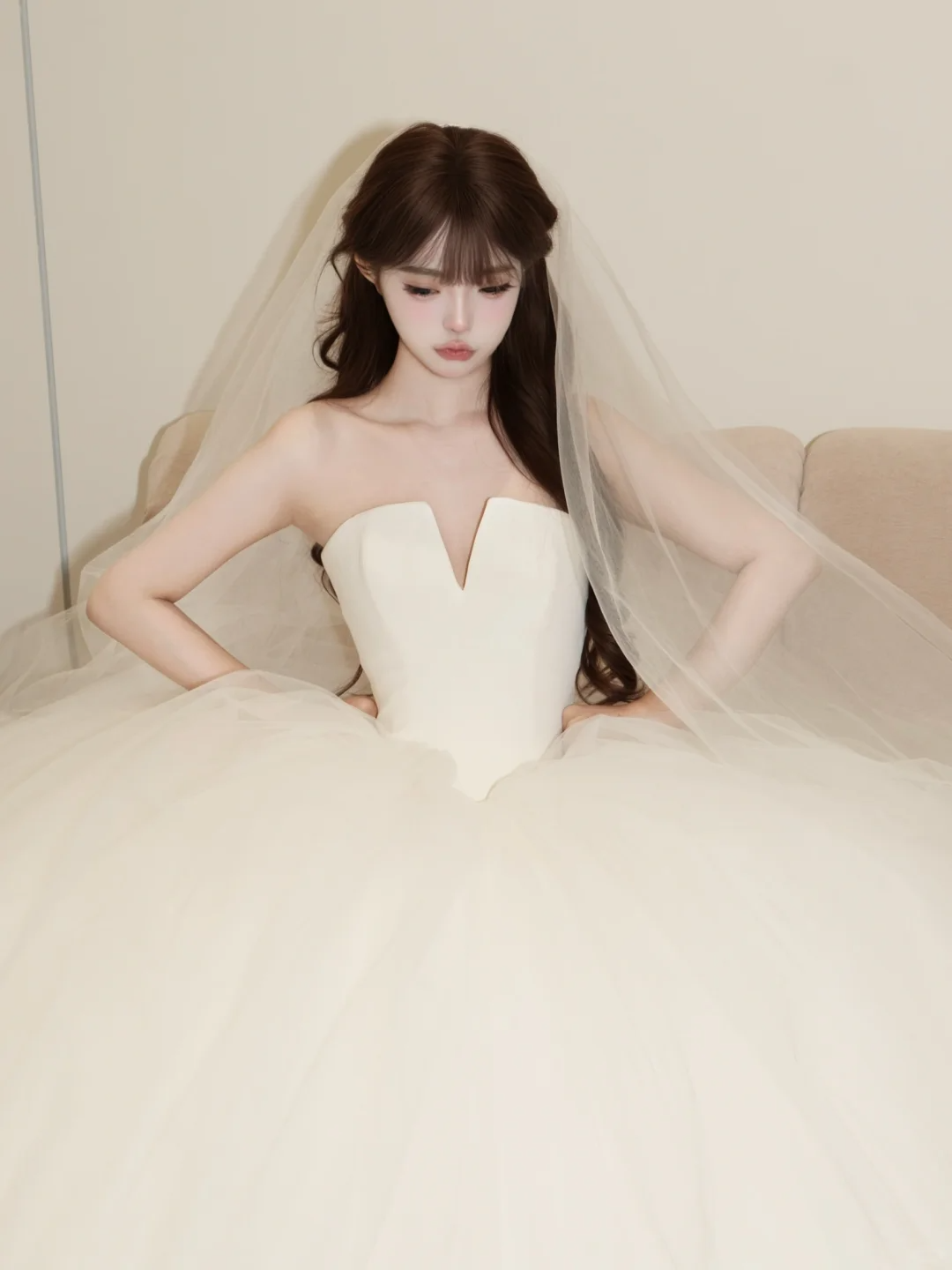 Princessful Ball Gown Strapless Satin Tulle With Veil Long Wedding Dresses