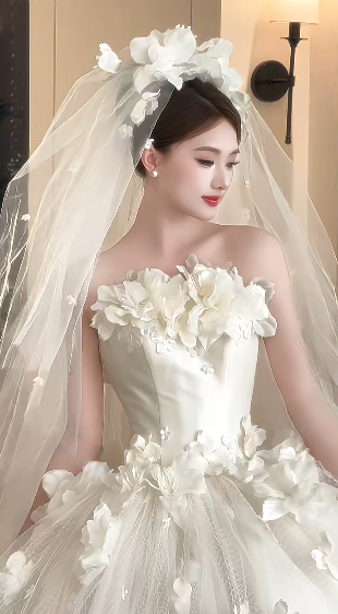 Pretty Ball Gown Strapless Satin Tulle Applique With Veil Long Wedding Dresses