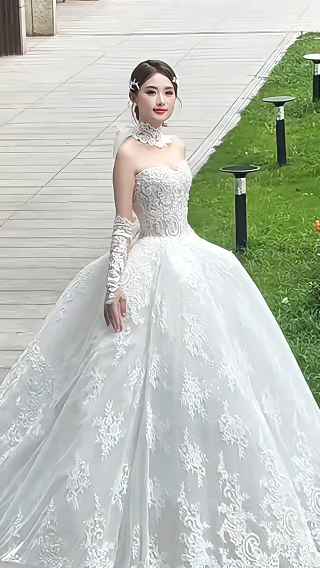 Sweet Ball Gown Strapless Tulle Lace With Sleeves Veil Long Wedding Dresses