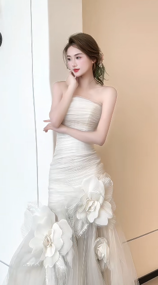 Unique Mermaid Strapless Tulle Flowers Applqiue Long Wedding Dresses