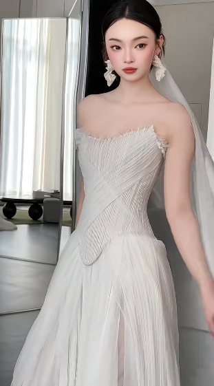 Elegant A Line Strapless Chiffon Tulle With Veil Long Wedding Dresses