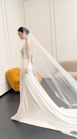 Elegant Mermaid Starpless Satin Lace With Veil Long Wedding Dresses