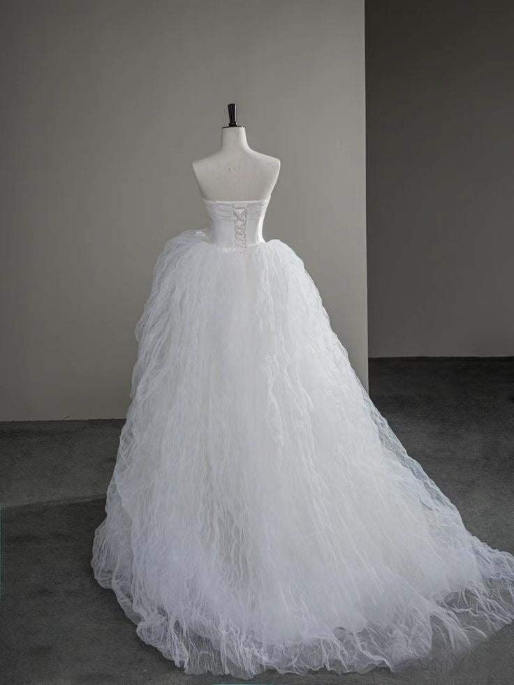 Unique Ball Gown Strapless Satin Tulle Long Wedding Dresses