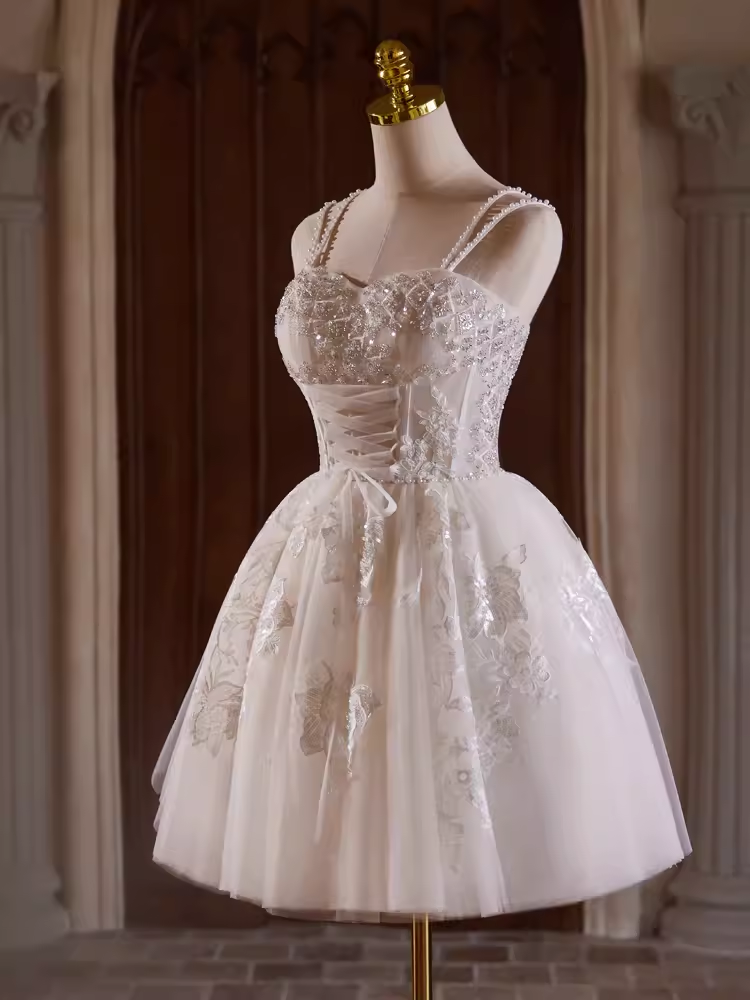 Cute Ball Gown Straps Beads Party Dress White Homecoming Dresses