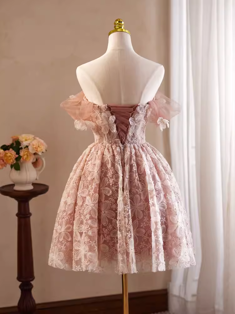 Cute Ball Gown Off The Shoulder Pink Lace Party Dress Homecoming Dresses