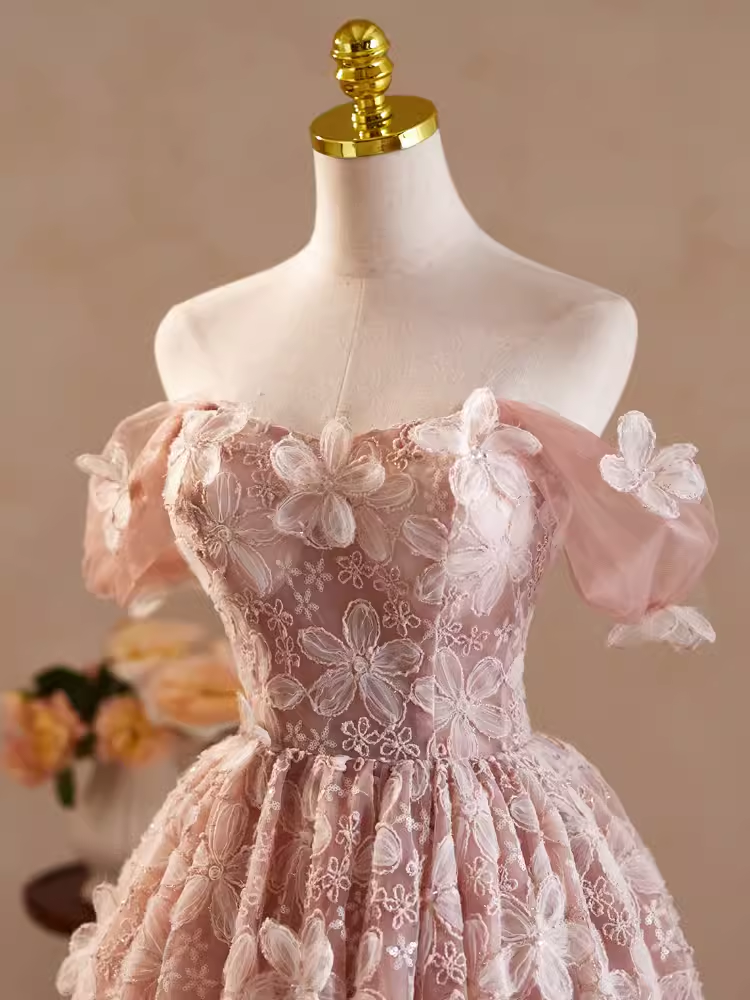 Cute Ball Gown Off The Shoulder Pink Lace Party Dress Homecoming Dresses