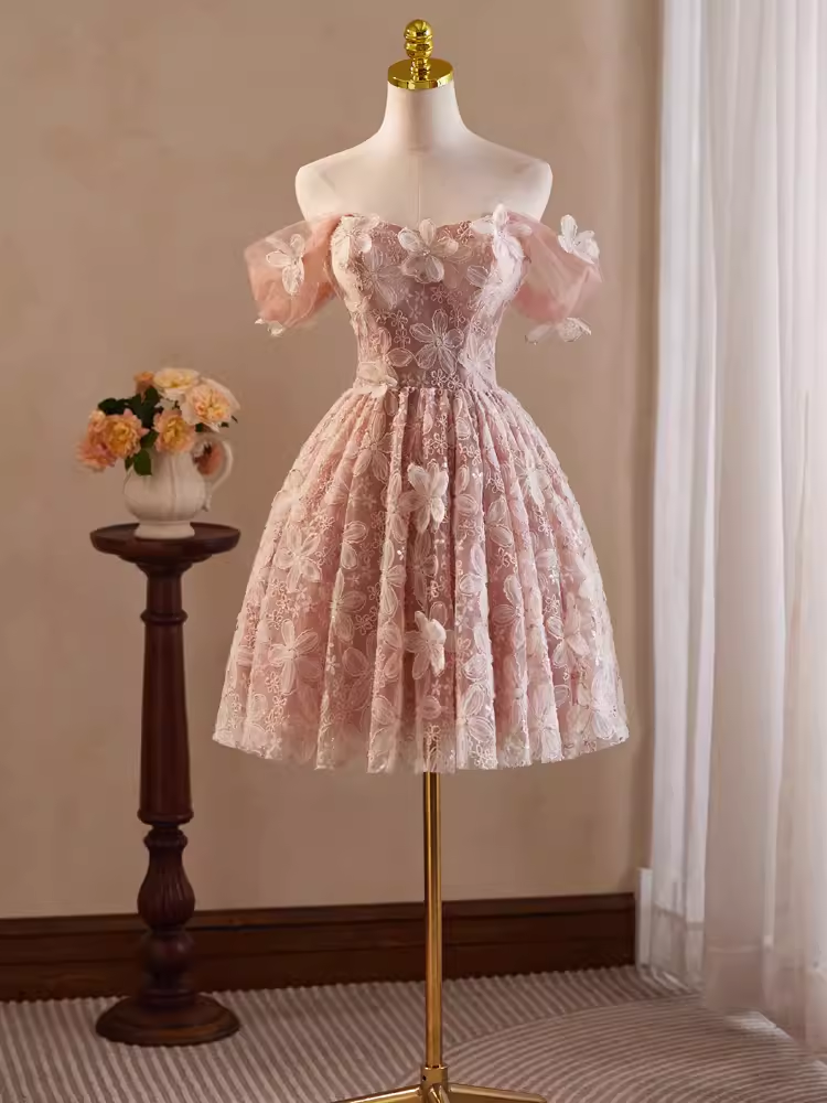 Cute Ball Gown Off The Shoulder Pink Lace Party Dress Homecoming Dresses