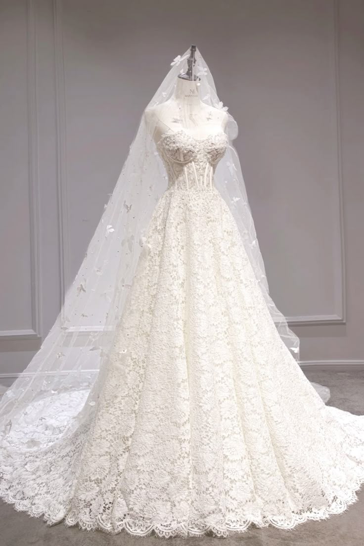 Gorgeous Ball Gown Strapless Tulle Lace With Veil Long Wedding Dresses