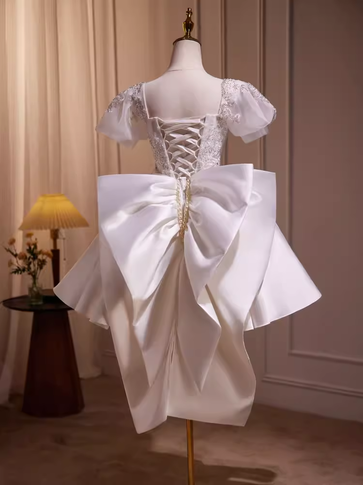 Cute Ball Gown Short Sleeves White Satin Party Dress Homecoming Dresses