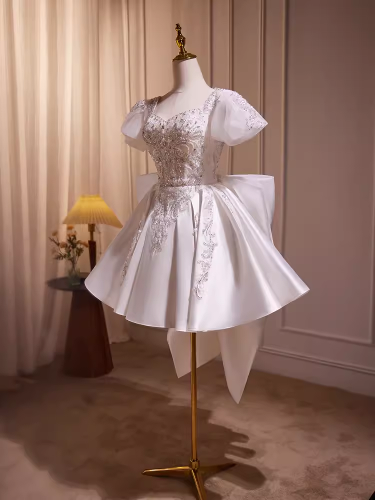 Cute Ball Gown Short Sleeves White Satin Party Dress Homecoming Dresses