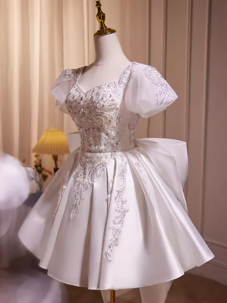Cute Ball Gown Short Sleeves White Satin Party Dress Homecoming Dresses