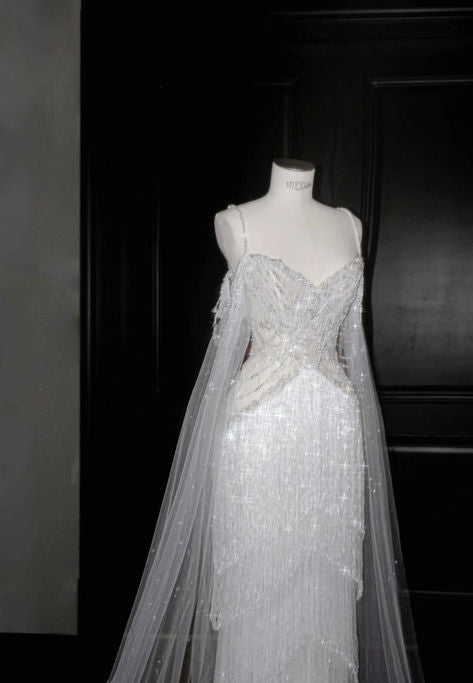 Gorgeous Mermaid Spaghetti Straps Tulle Baeded Long Wedding Dresses