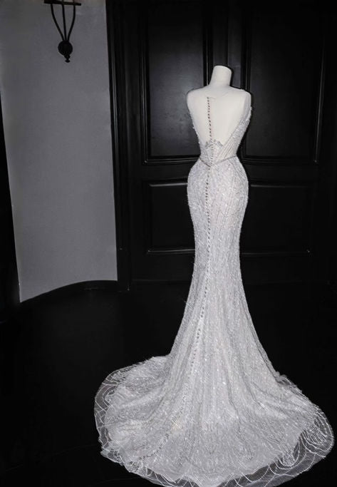 Timeless Mermaid Srapless Tulle Lace Sequin Baeded Long Wedding Dresses
