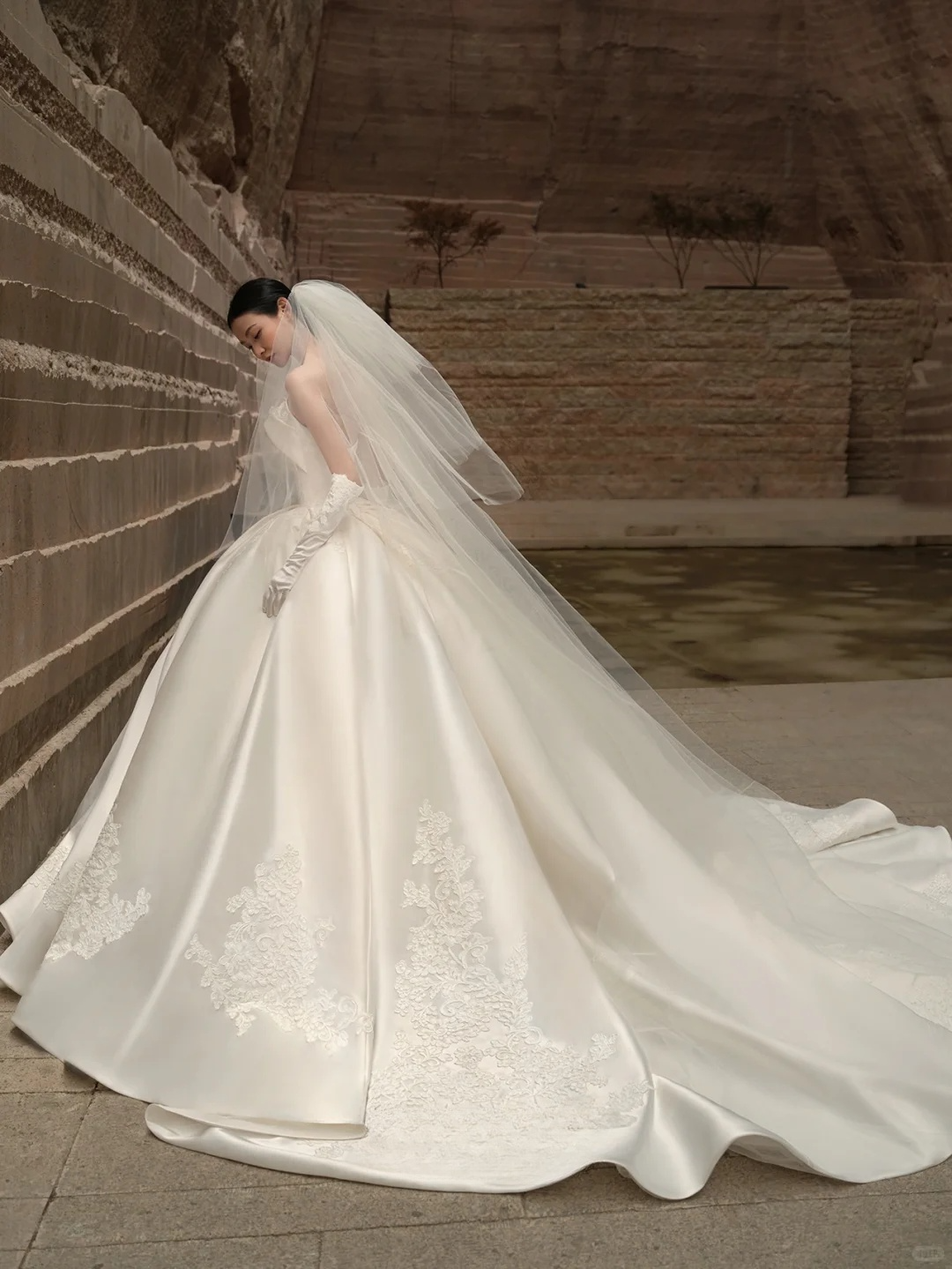 Elegant Ball Gown Strapless Satin Applique With Gloves Veil Long Wedding Dresses