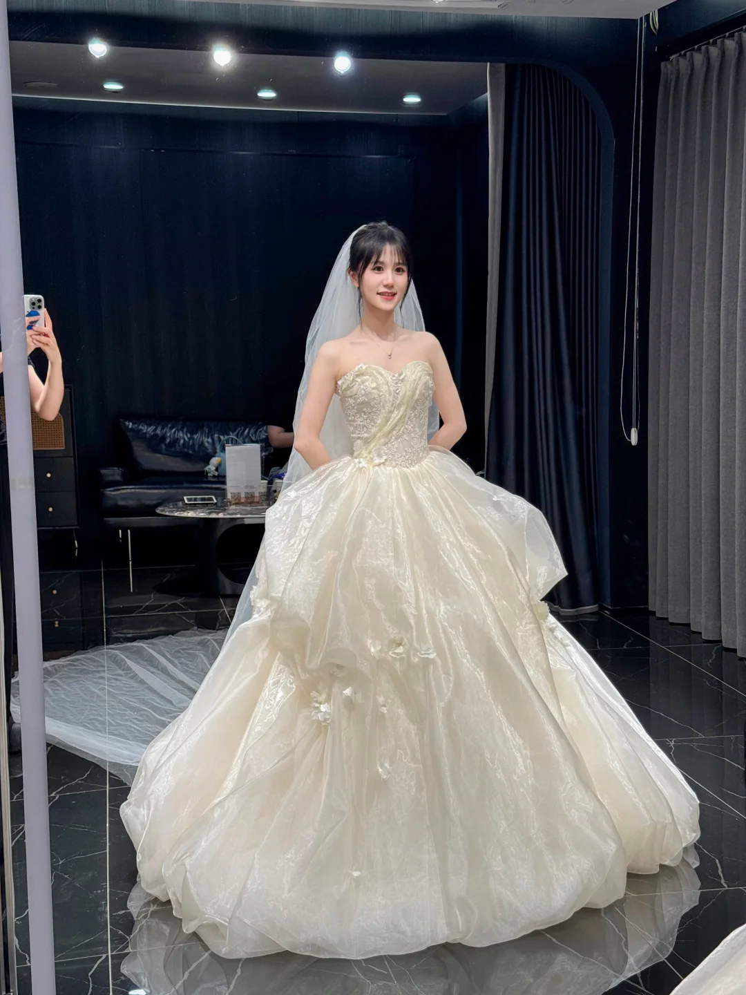 Gorgeous Ball Gown Strapless Satin Chiffon With Veil Long Wedding Dresses