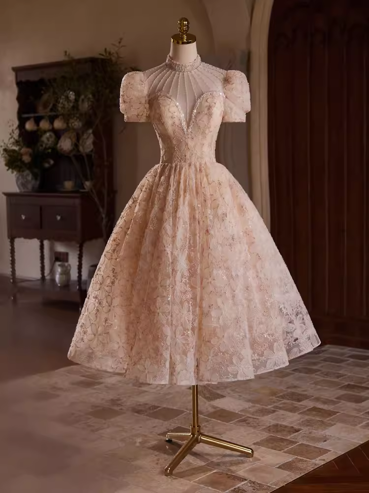 Elegant Ball Gown High Neckline Pink Tulle Party Dress Lace Homecoming Dresses