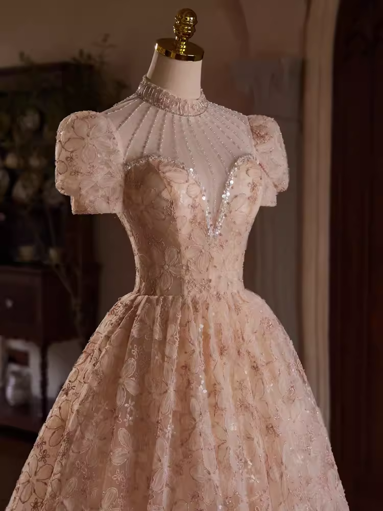 Elegant Ball Gown High Neckline Pink Tulle Party Dress Lace Homecoming Dresses
