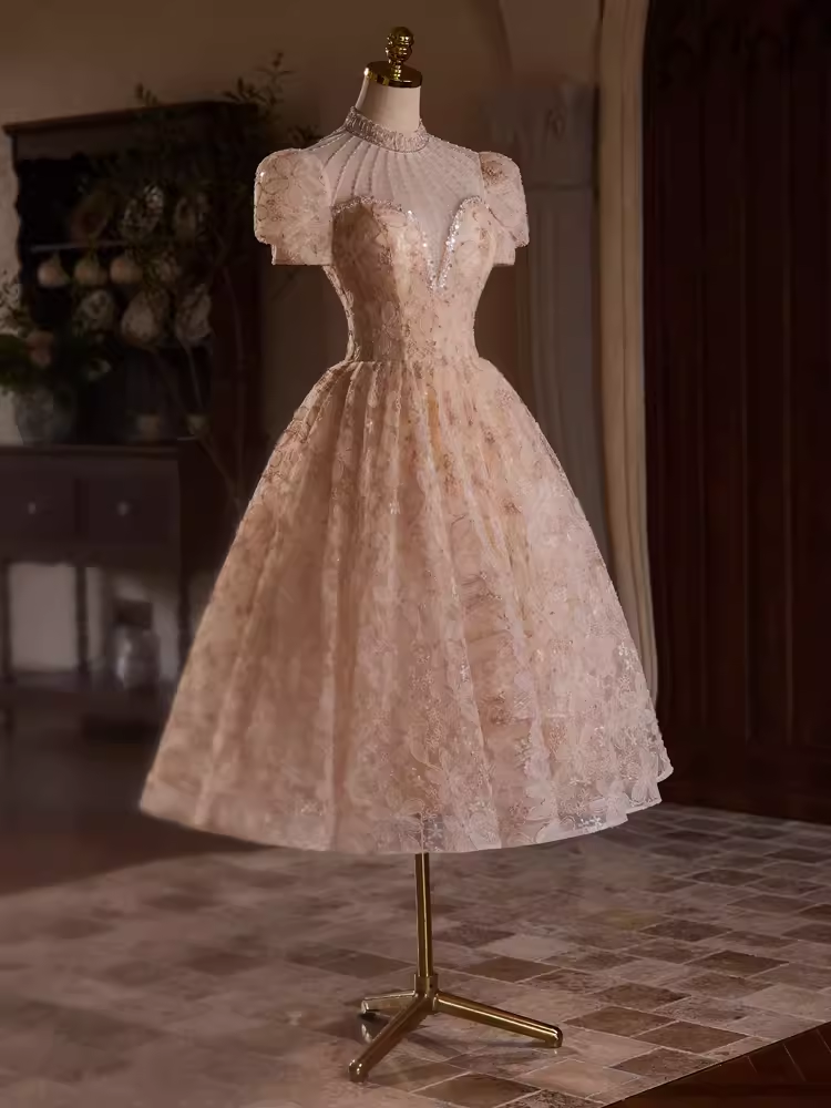 Elegant Ball Gown High Neckline Pink Tulle Party Dress Lace Homecoming Dresses