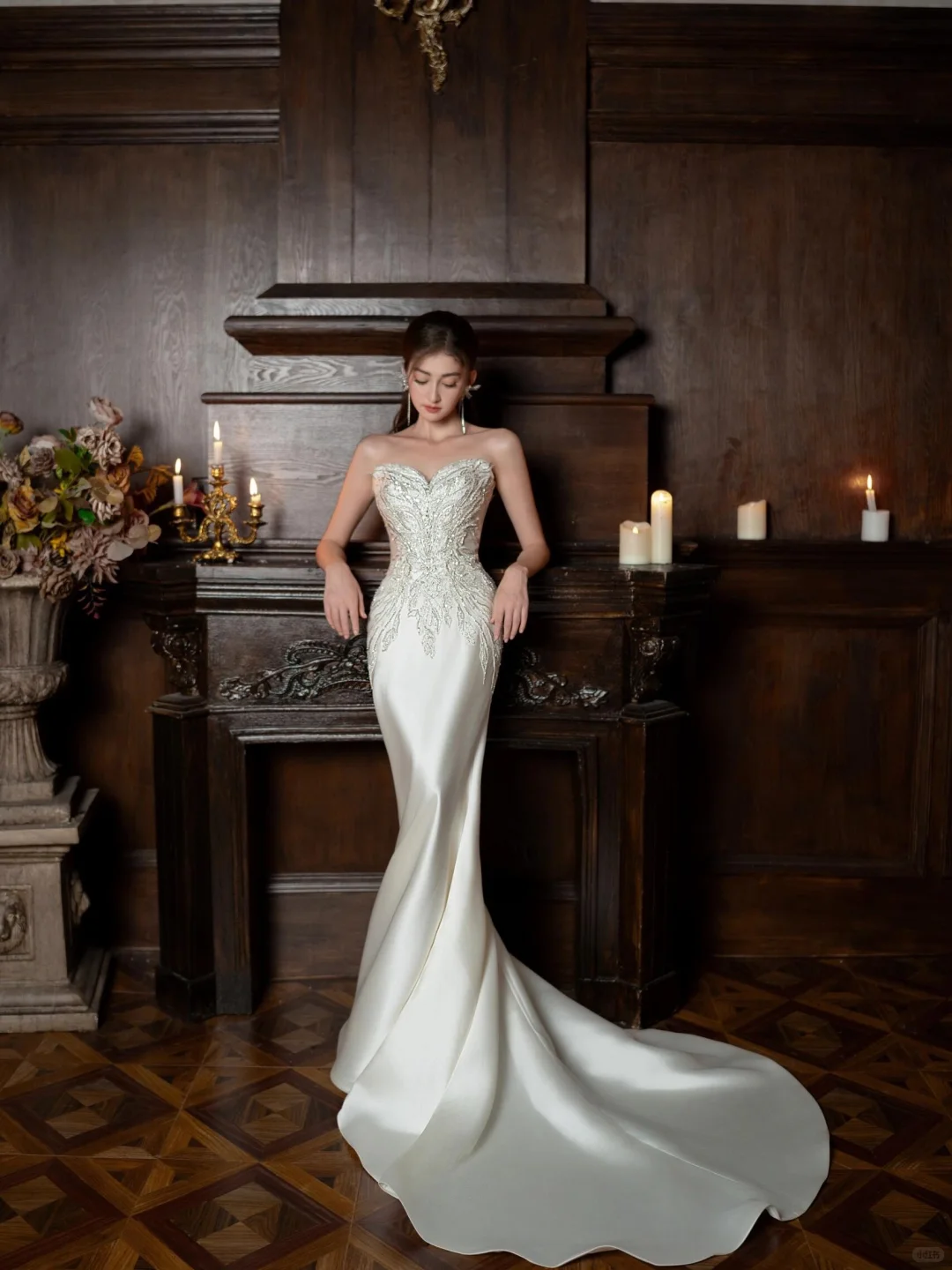 Timeless Mermaid Strapless Satin Sequin Beaded Long Wedding Dresses