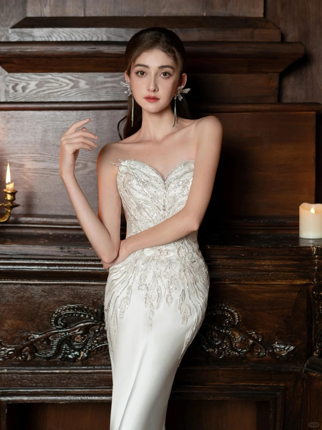Timeless Mermaid Strapless Satin Sequin Beaded Long Wedding Dresses