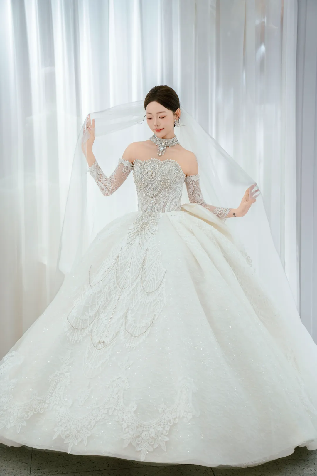 Timeless Ball Gown Strapless Tulle Sequin Beaded With Sleeves Veil Long Wedding Dresses