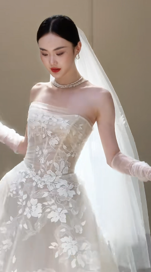 Dreamy Ball Gown Strapless Tulle Lace With Veil Long Wedding Dresses