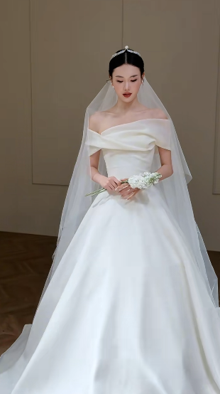 Elegant Ball Gown Off The Shoulder Satin With Veil Long Wedding Dresses