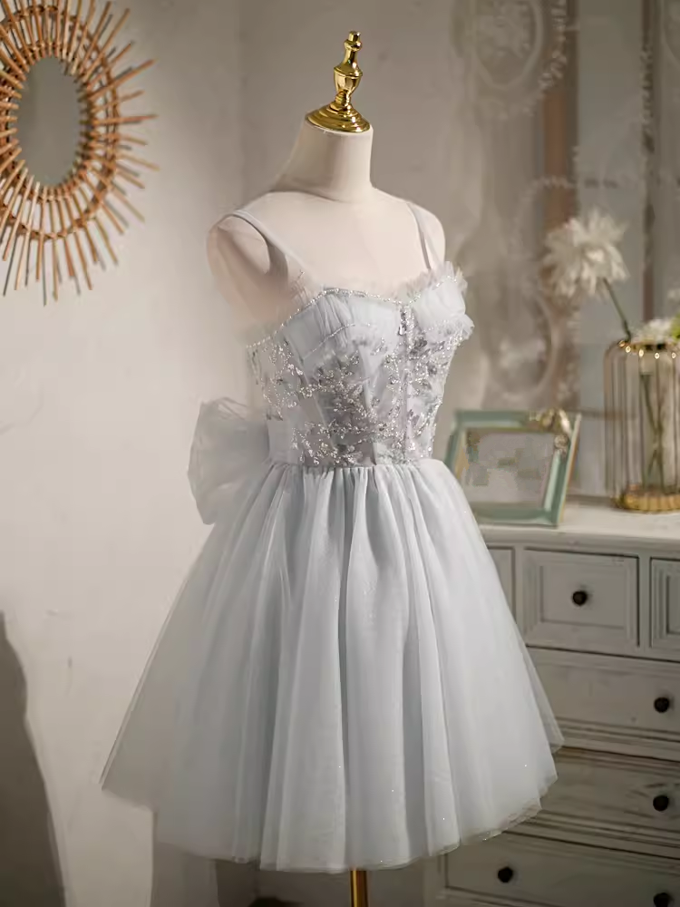 Elegant Ball Gown Straps Tulle Party Dress Gray Homecoming Dresses