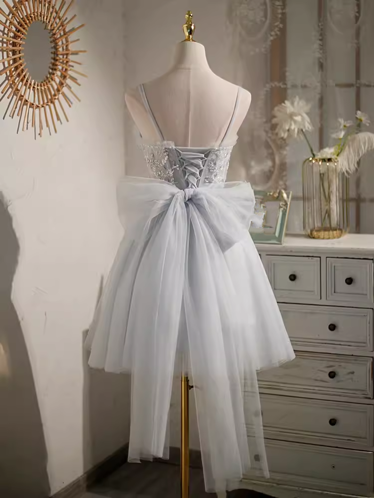 Elegant Ball Gown Straps Tulle Party Dress Gray Homecoming Dresses