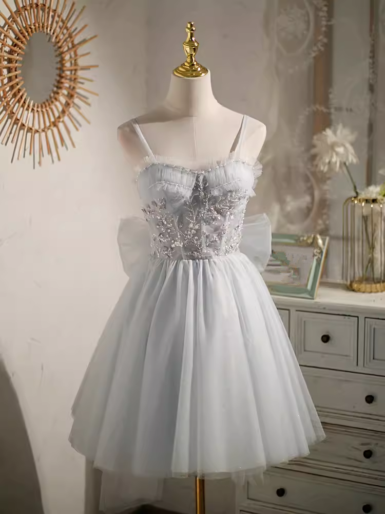 Elegant Ball Gown Straps Tulle Party Dress Gray Homecoming Dresses