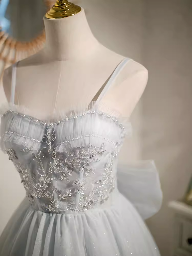 Elegant Ball Gown Straps Tulle Party Dress Gray Homecoming Dresses