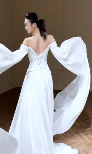 Eelgant A Line Off The Shoulder Chiffon Long Wedding Dresses
