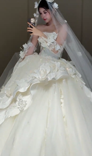 Gorgeous Ball Gown Strapless Satin Tulle Applique With Sleeves Veil Long Wedding Dresses