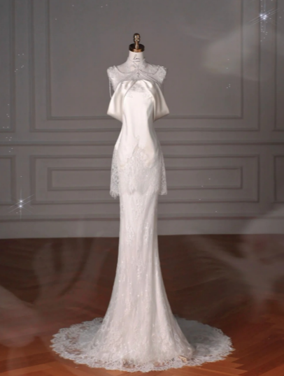 Gorgeous Mermaid Satin Lace Beads Long Wedding Dresses