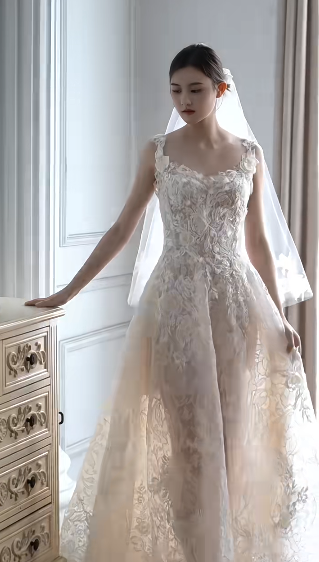 Gorgeous A Line Spaghetti Straps Tulle Lace With Veil Long Wedding Dresses